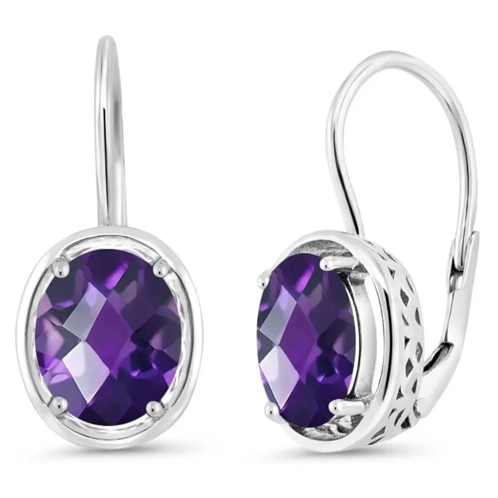 925 Sterling Silver with 3.00 Cttw Amethyst Oval Leverback Drop Earrings